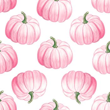 Watercolor pink pumpkins seamless pattern on white background