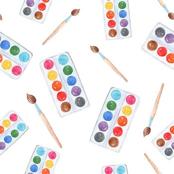 watercolors and paintbrushes seamless pattern on white background. Watercolor print for fabric, wrapping, textile, wallpaper, scrapbooking