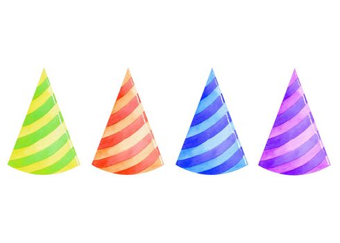 watercolor colorful striped party hats set isolated on white background