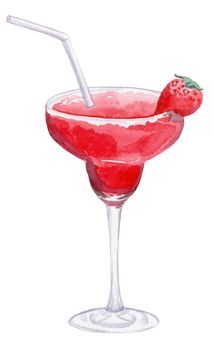 watercolor hand drawn red strawberry daiquiri cocktail in glass isolated on white background