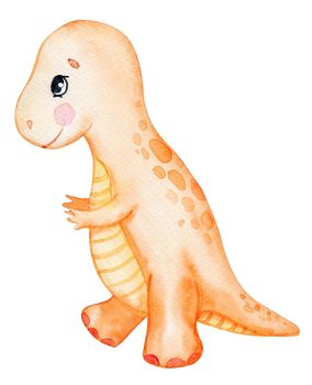 watercolor orange tyrannosaur rex isolated on white background. Cute baby dino for kids party or nursery decor.