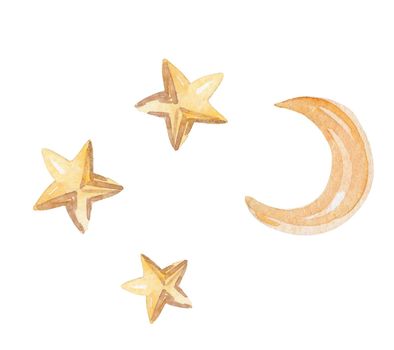 watercolor yellow moon and stars in the night sky isolated on white background.