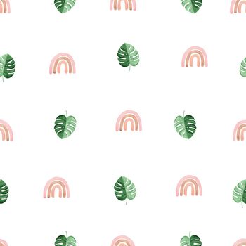 pink rainbow and green palm leaves watercolor seamless pattern on white background. Boho rainbow and monstera for fabric,textile,wrapping,scrapbooking,wallpaper