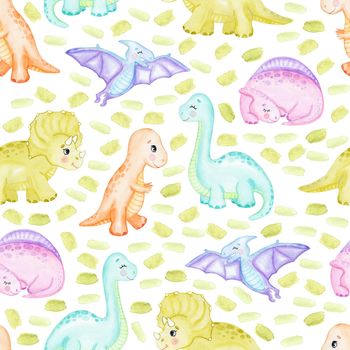 watercolor baby dinosaurs seamless patter non white green background. cute animal print for fabric, textile, wrapping, scrapbook.