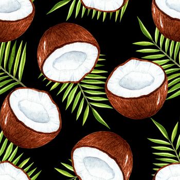 watercolor coconut and tropical leaves seamless pattern on black background. Summer print for fabric, wrapping, wallpaper