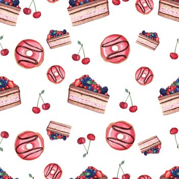 watercolor red cakes and donuts seamless pattern on white background for fabric, textile, wrapping, scrapbooking, cafe menu design