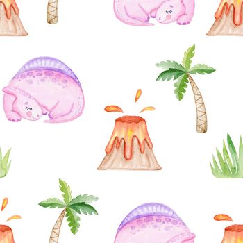 watercolor pink baby dinosaur sleeping and volcano seamless pattern on white background. For baby fabric, textile, wrapping, scrapbook , wallpaper