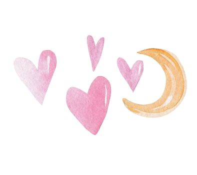 watercolor hand drawn yellow moon with pink hearts set isolated on white background. Perfect for pajamas print, wrapping paper, cards, textile