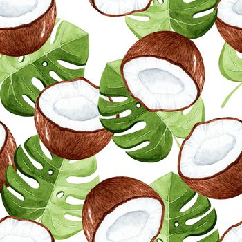 watercolor coconut and tropical leaves seamless pattern on white background. Summer print for fabric, wrapping, wallpaper