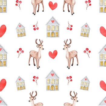 Watercolor christmas reindeer seamless pattern on white background. For fabric, textile, wrapping, scrapbooking. Gray scandinavian house and reindeer with red hearts and berries print.