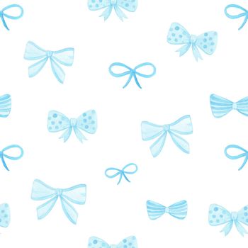 watercolor blue bow seamless pattern on white background for scrapbooking, wrapping paper, fabric, textile, cards. hand drawn illustration