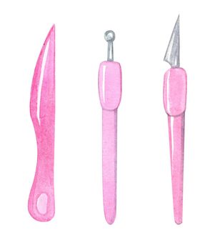 watercolor pink craft tools set isolated on white background. Instruments for clay sculpt, scrapbook, pottery, handicraft