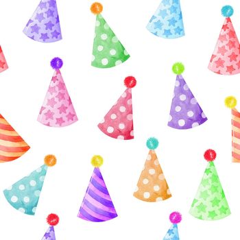 watercolor color party hats seamless pattern on white background for wrapping, greeting cards, fabric, scrapbooking