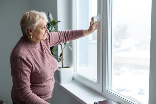 Portrait of senior woman standing at the window at her home.