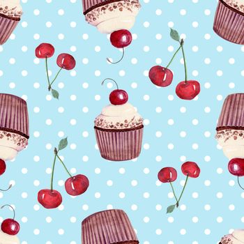 Watercolor cherry cupcake seamless pattern on blue background. Dessert wrapping, food fabric, kitchen wallpaper