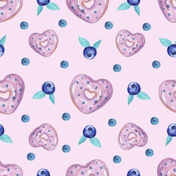 watercolor blueberry donut seamless pattern on light purple background. For fabric, textile, wrapping, scrapbooking, wallpaper