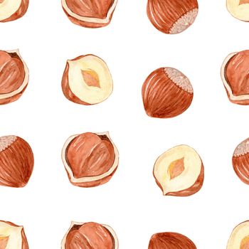 Hazelnut seamless pattern on white background. Watercolor half and whole nuts print for fabric, textile, wrapping, scrapbook, branding