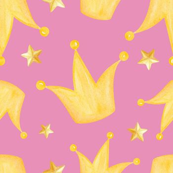 Princess yellow crowns and stars seamless pattern on pink background. Watercolor gold diadems print for fabric, textile, wrapping, scrapbook, branding