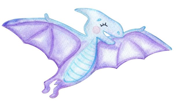 watercolor blue baby pterodactyl isolated on white background. Cute dinosaur for baby nursery decoration, clothing, print