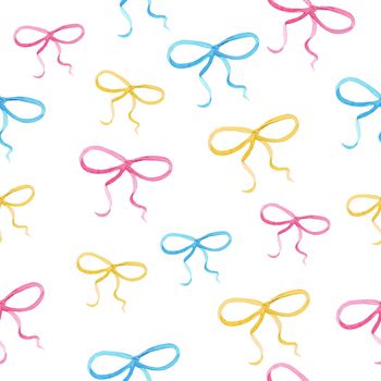 watercolor hand drawn pink yellow blue bows seamless pattern on white background for invitation, scrapbooking, fabric, textile, wrapping paper