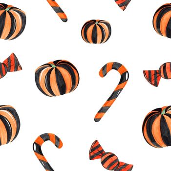 watercolor halloween pumpkin and treats seamless pattern on white background. Orange and black striped sweets. For fabric, wrapping, textile,scrapbooking