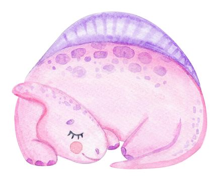 watercolor cute pink dinosaur sleeping isolated on white background. Baby dino illustration