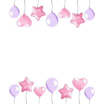 watercolor pink balloons borders isolated on white background for invitation frame, baby shower decoration, party cards