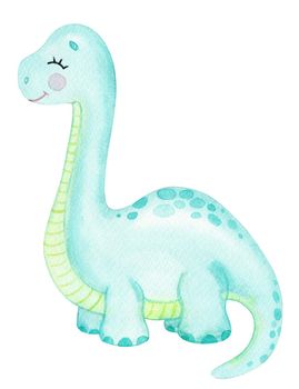 watercolor blue diplodocus isolated on white background. Cute dinosaur illustration