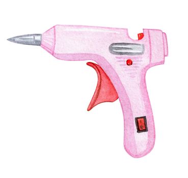 Pink hot glue gun isolated on white background. Watercolor scrapbook craft tool hand drawn illustration