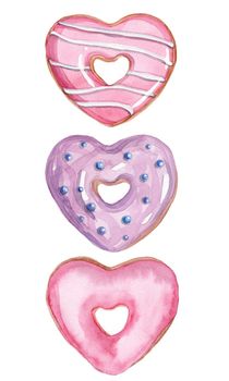 watercolor hand drawn heart shaped pink donuts set isolated on white background