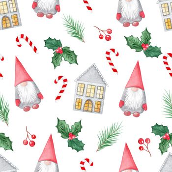 watercolor christmas gnomes and holly leaves seamless patter non white background. Winter print for fabric, textile, scrapbook, wrapping, wallpaper