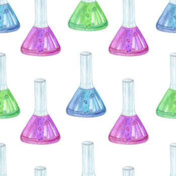 Chemical flasks seamless pattern on white background. Watercolor laboratory bottles with fluid for tests.