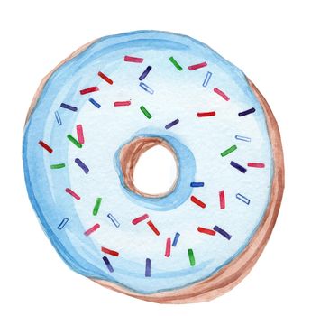 Watercolor hand drawn blue round glazed sprinkle donut isolated on white background