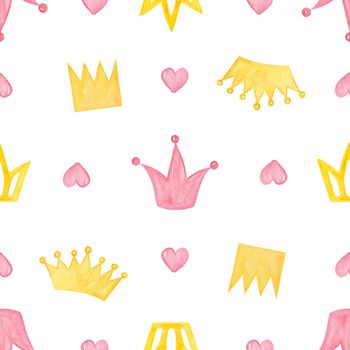 Watercolor crowns and hearts seamless pattern on white background. Princess print for fabric, wrapping, scrapbook, wallpaper