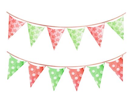 watercolor red green christmas party flags garland set isolated on white background . For holiday decoration, new year greeting cards