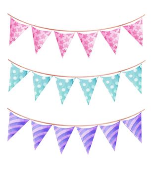 watercolor party flags garland pastel color isolated on white background . For baby shower decoration, greeting cards, newborn party