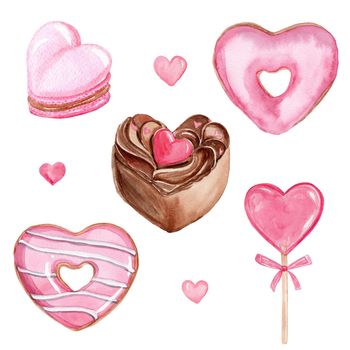 watercolor pink heart shaped sweet desserts set isolated on white background. Valentines day set. Hand drawn cake, cupcake, donuts, lollipop, macarons