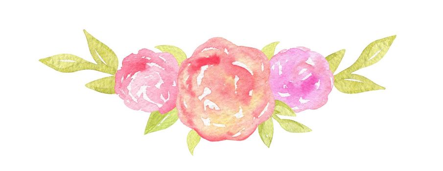 watercolor hand drawn abstract pink flowers border with green leaves isolated on white background