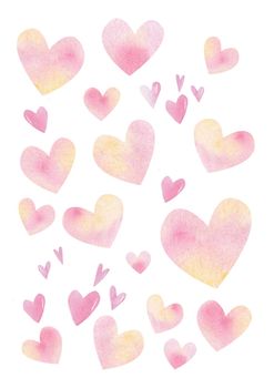 watercolor valentines day card with pink hearts on white background, pink romantic pattern