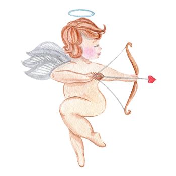 watercolor cupid with wings and bow with arrow isolated on white background for valentines day decorations . Cute angel . Little cherub