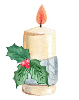 watercolor decorative christmas candle with holly leaves isolated on white background