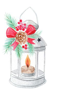 watercolor christmas candle lantern with fir branch decoration on white background