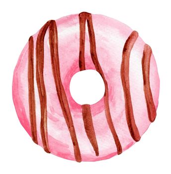 watercolor pink donut with chocolate topping isolated on white background