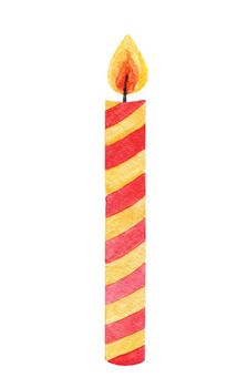 watercolor hand drawn red candle with yellow stripes isolated on white background for birthday party decoration