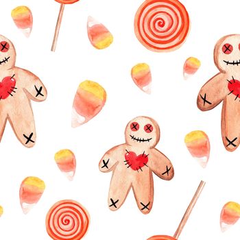 watercolor halloween gingerbread man and candy corns seamless pattern on white background. Use for fabric, wrapping, textile, party decoration, scrapbooking