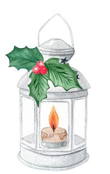 watercolor christmas candle lantern with holly leaves decoration isolated on white background