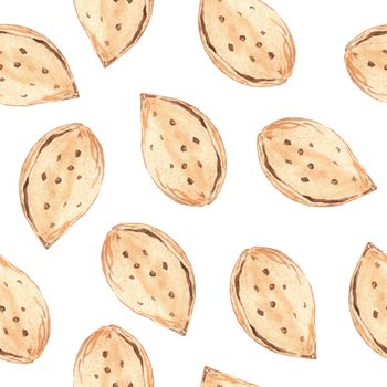 Watercolor whole almond nut seamless pattern on white background. For fabric, textile, wrapping, scrapbook, wallpaper