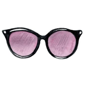 watercolor hand drawn black women sunglasses with pink glass isolated on white background