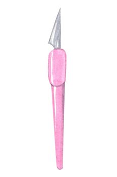 Watercolor pink scalpel tool for clay work isolated on white background