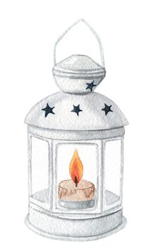 watercolor white lantern with burning candle on white background